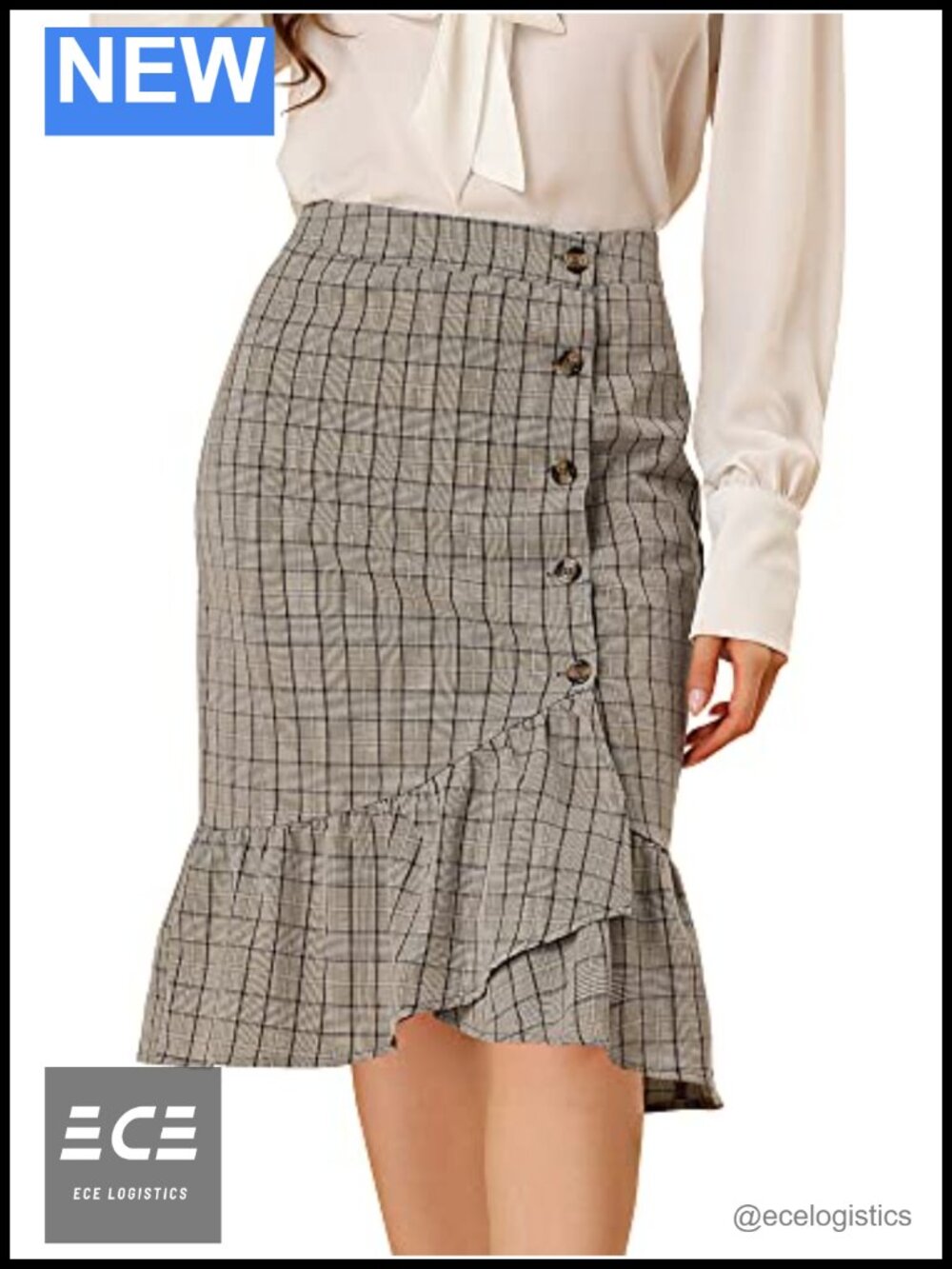 Plaid Asymmetric Fishtail Pencil Skirt Button Ruffled Office